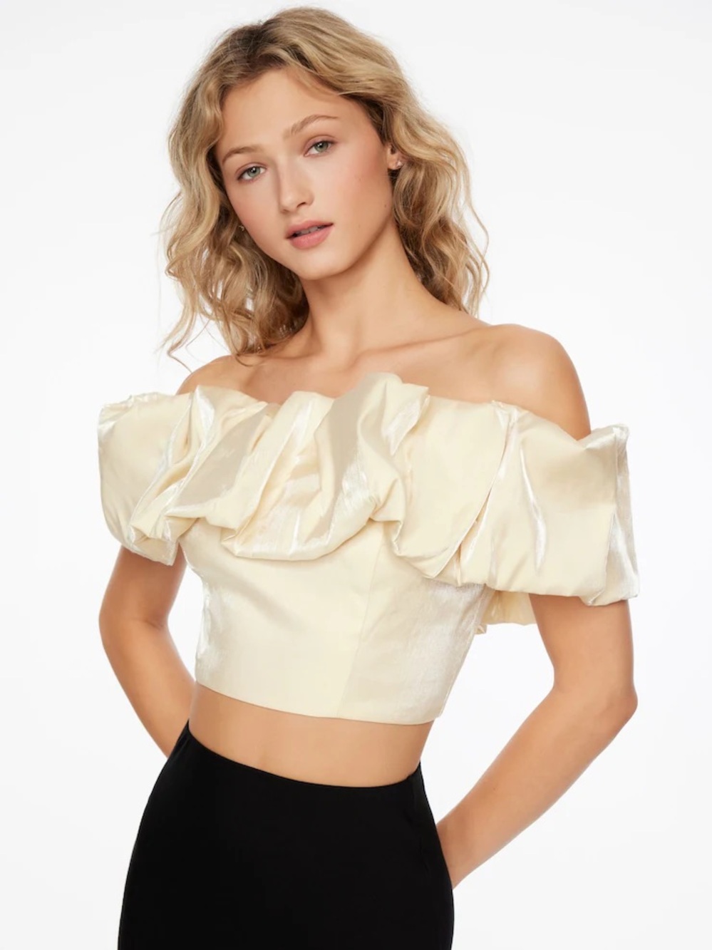 Dynamite Cream Off-Shoulder Ruffle Crop Top